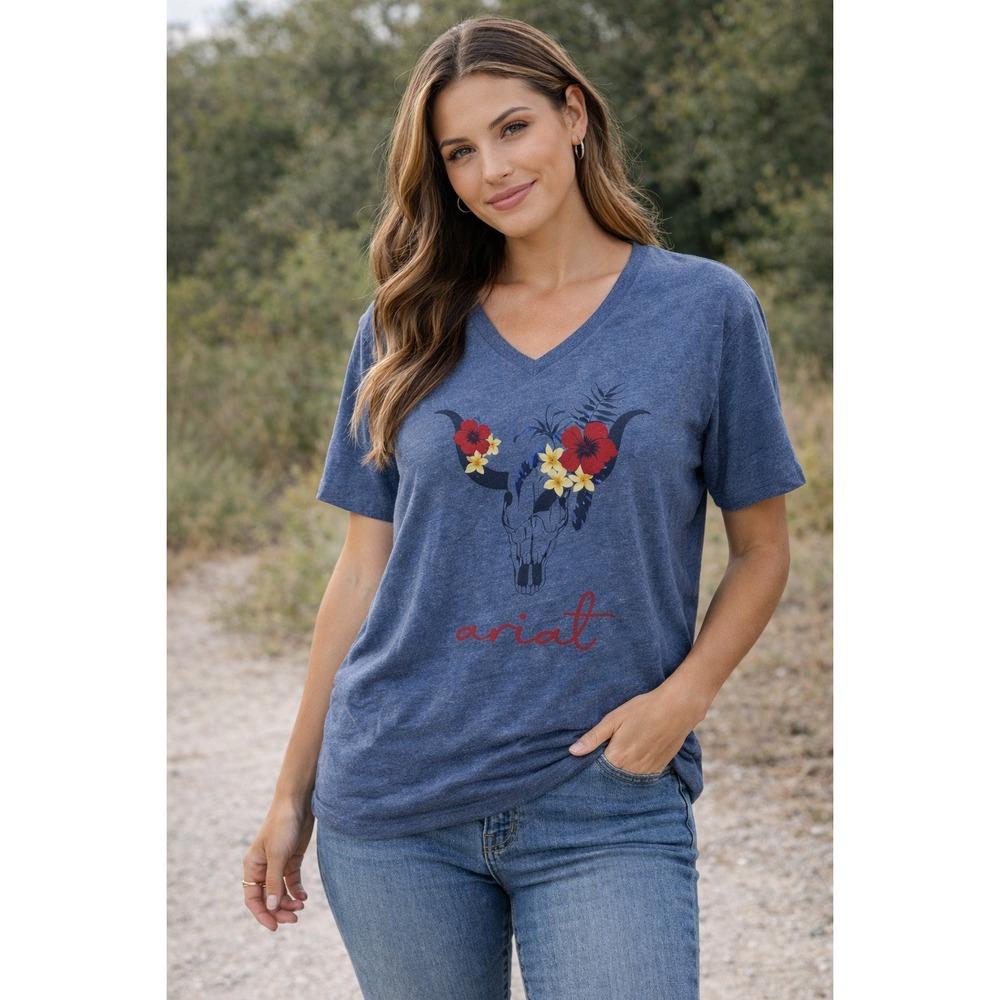 Ariat Real Blue Heather Steer Skull Floral Graphic V-Neck T-Shirt‎ - 2X